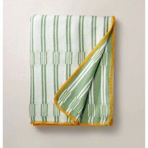 Hearth & Hand Green & White Striped Cotton Throw Blanket With Yellow Edging 50"